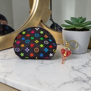 Colorful Patterned Zippered Pouch with Heart Bag Charm / Keychain - Black & Red